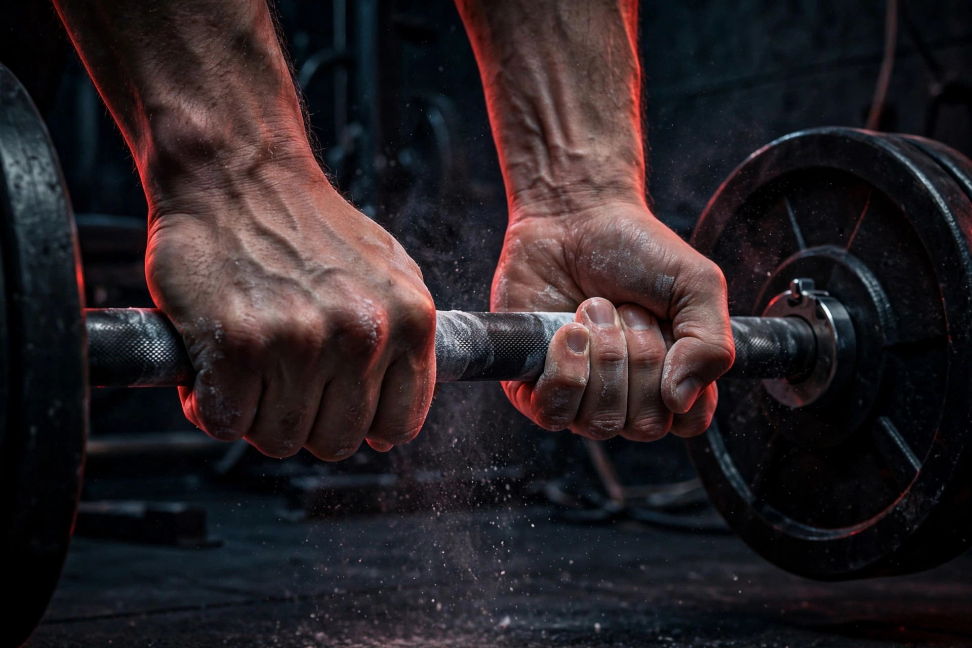 Athlete gripping a loaded barbell during a heavy training session